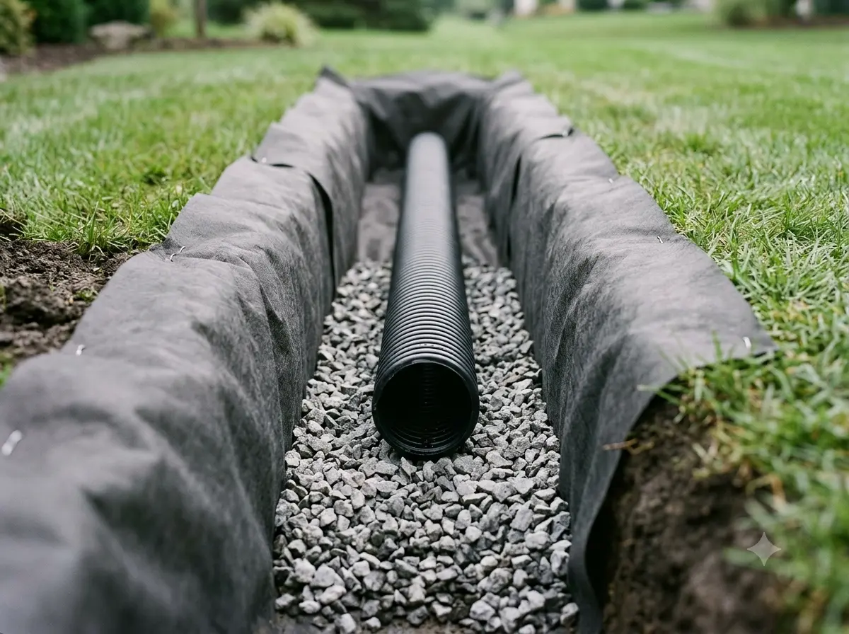 Gravel and perforated pipe in an open French drain trench