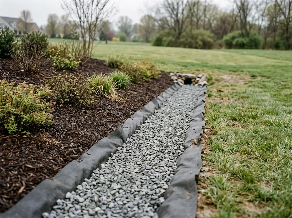 Drainage outlet at the edge of a landscaped bed