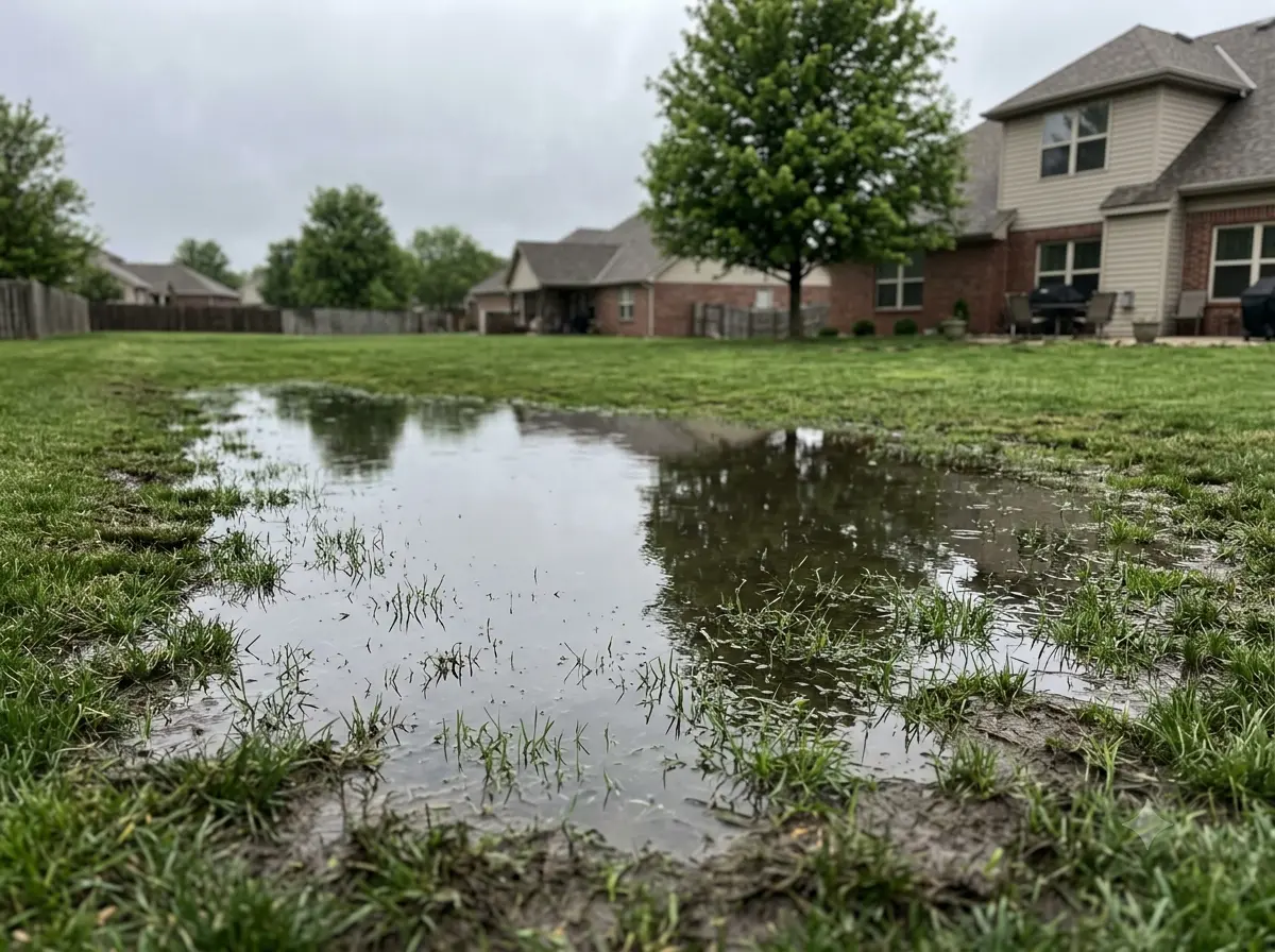 Standing water pooling on a soggy suburban lawn after rain