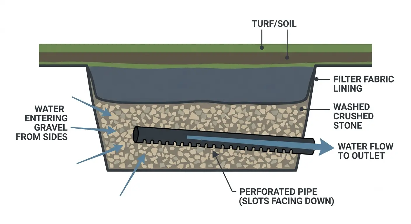 Cross-section diagram of a French drain: gravel, filter fabric, perforated pipe
