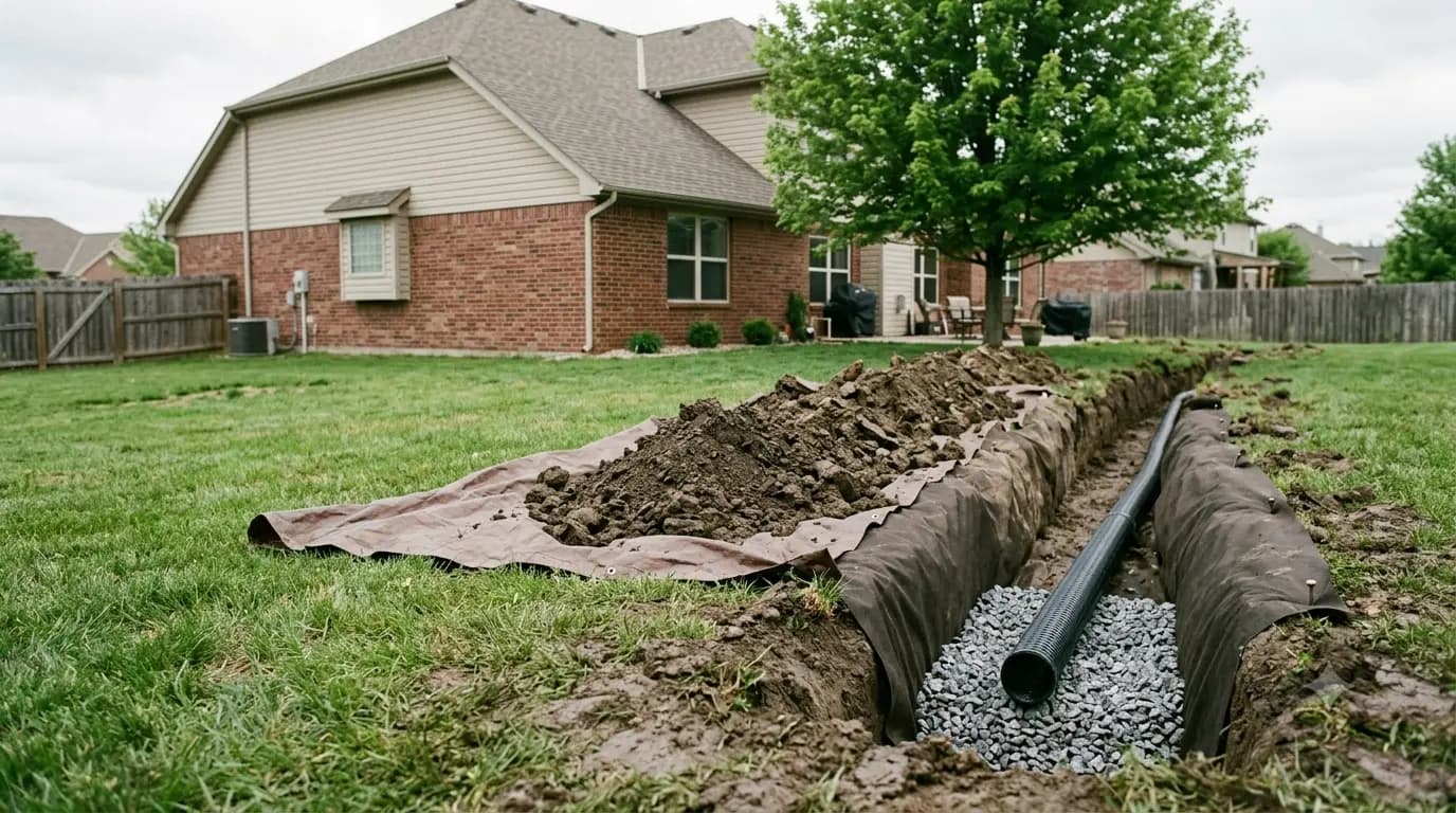 French drain trench dug across a backyard in Overland Park, KS