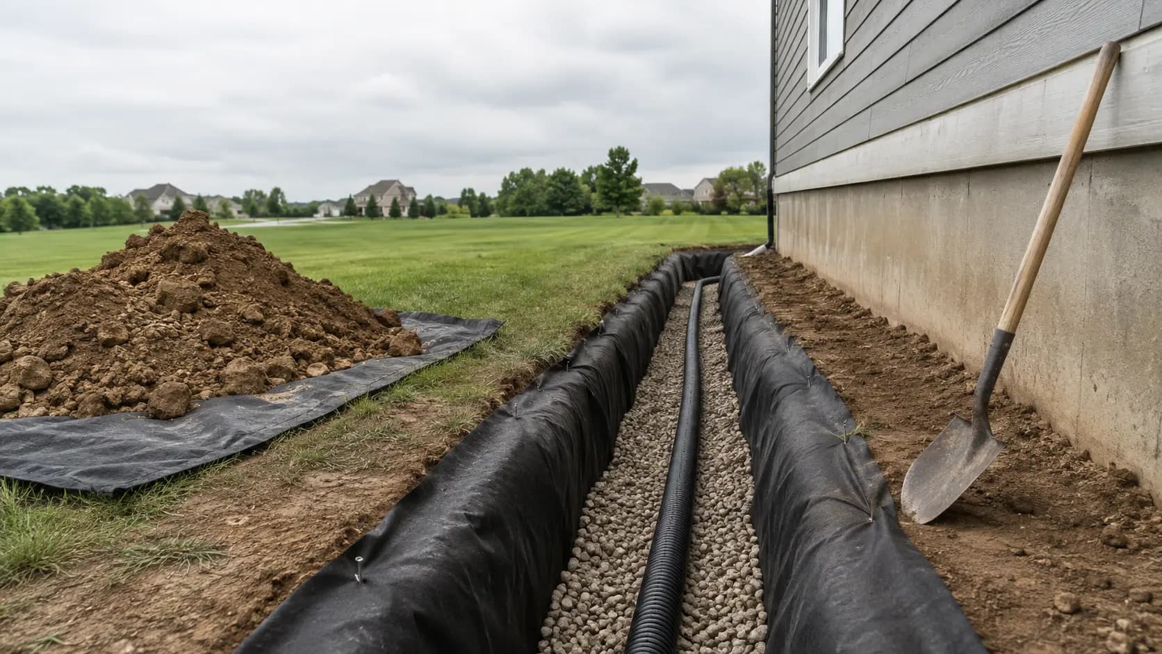 French drain being installed along a home's foundation edge