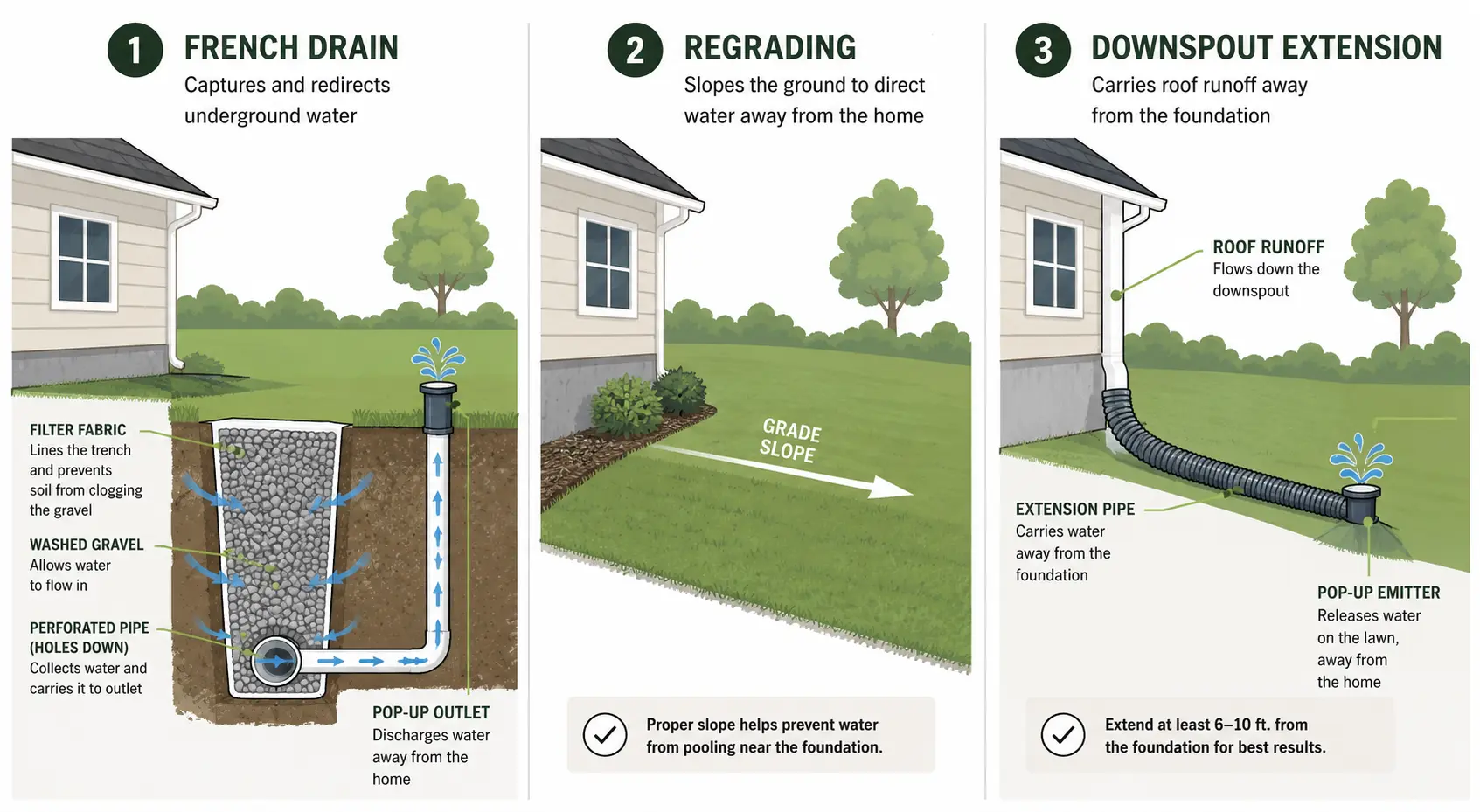 Diagram comparing French drain, regrading, and downspout extension