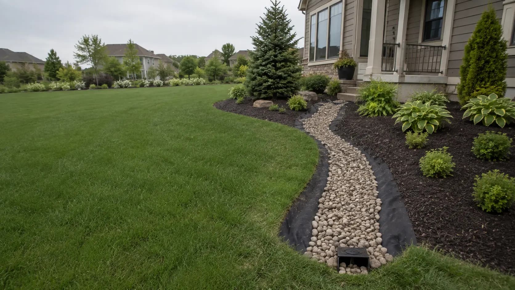 Landscaped yard with a drainage channel routed away from planting beds