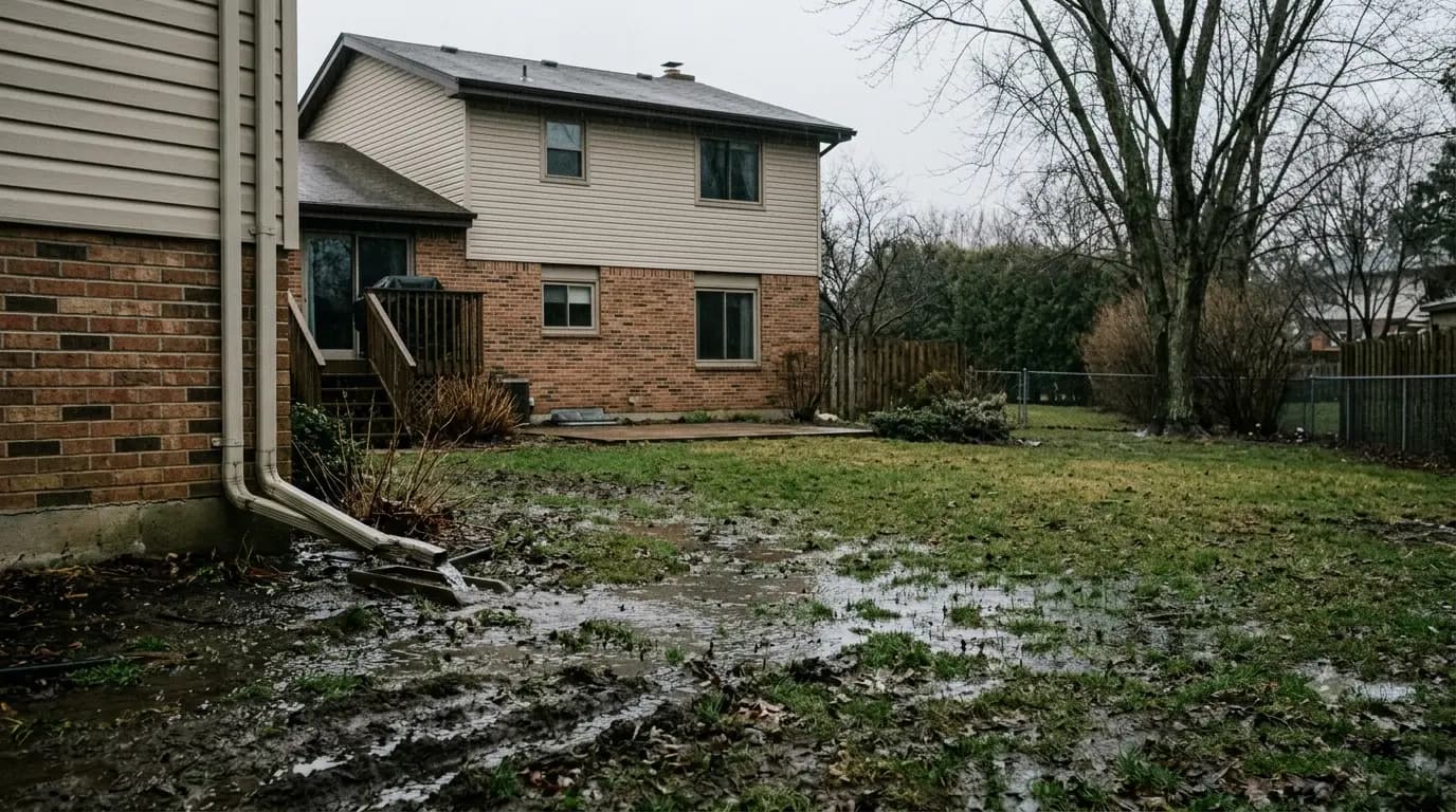 Soggy backyard lawn with standing water after heavy rain